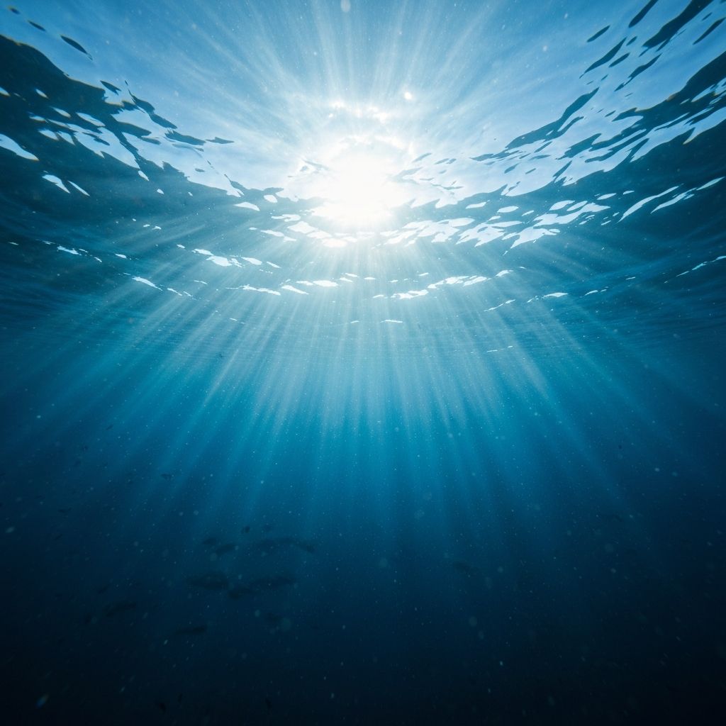 Deep blue underwater scene with light rays